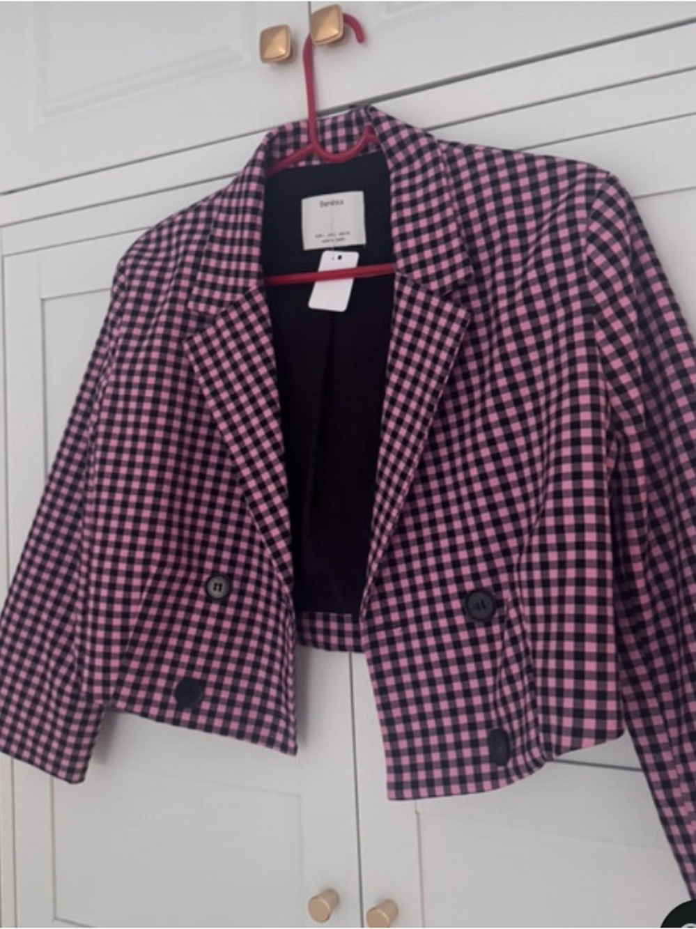 Bershka Pink and Black Gingham Cropped Blazer